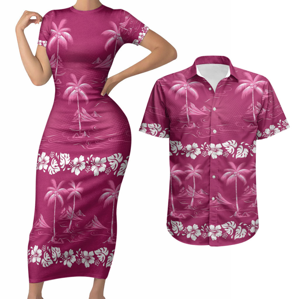 Pink Hawaii Palm Tree Hibiscus Couples Matching Short Sleeve Bodycon Dress and Hawaiian Shirt Fantasy Summer Vibe LT01 Pink - Polynesian Pride