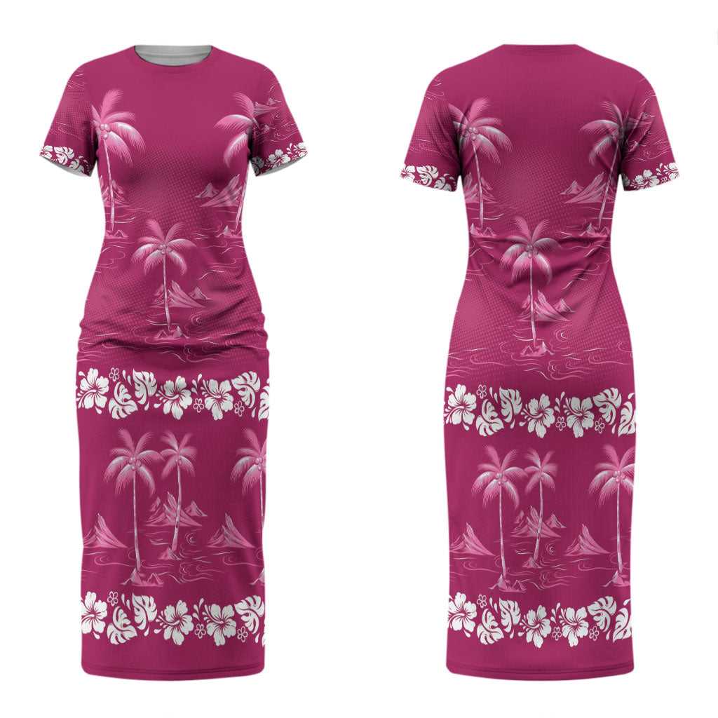 Pink Hawaii Palm Tree Hibiscus Couples Matching Short Sleeve Bodycon Dress and Hawaiian Shirt Fantasy Summer Vibe LT01 - Polynesian Pride