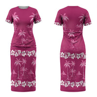 Pink Hawaii Palm Tree Hibiscus Couples Matching Short Sleeve Bodycon Dress and Long Sleeve Button Shirt Fantasy Summer Vibe LT01 - Polynesian Pride
