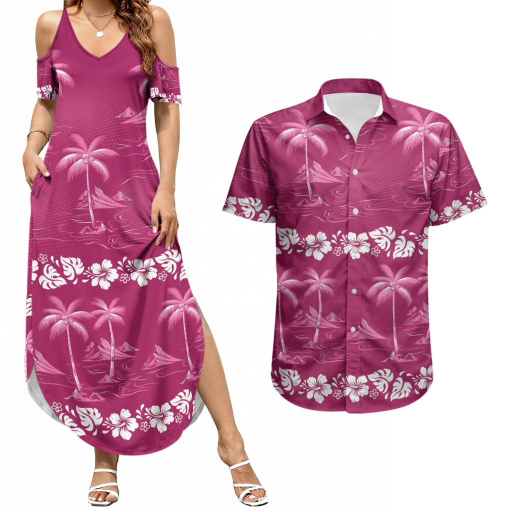 Pink Hawaii Palm Tree Hibiscus Couples Matching Summer Maxi Dress and Hawaiian Shirt Fantasy Summer Vibe LT01 Pink - Polynesian Pride