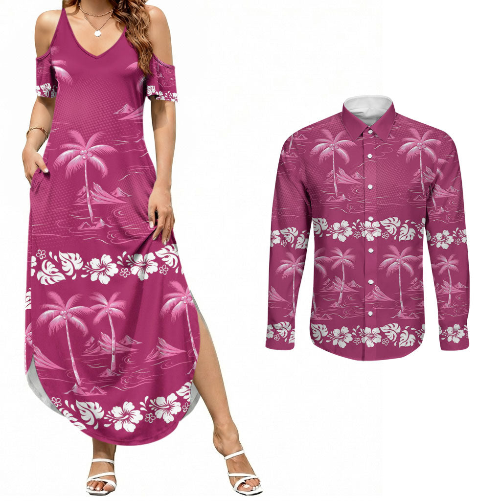 Pink Hawaii Palm Tree Hibiscus Couples Matching Summer Maxi Dress and Long Sleeve Button Shirt Fantasy Summer Vibe