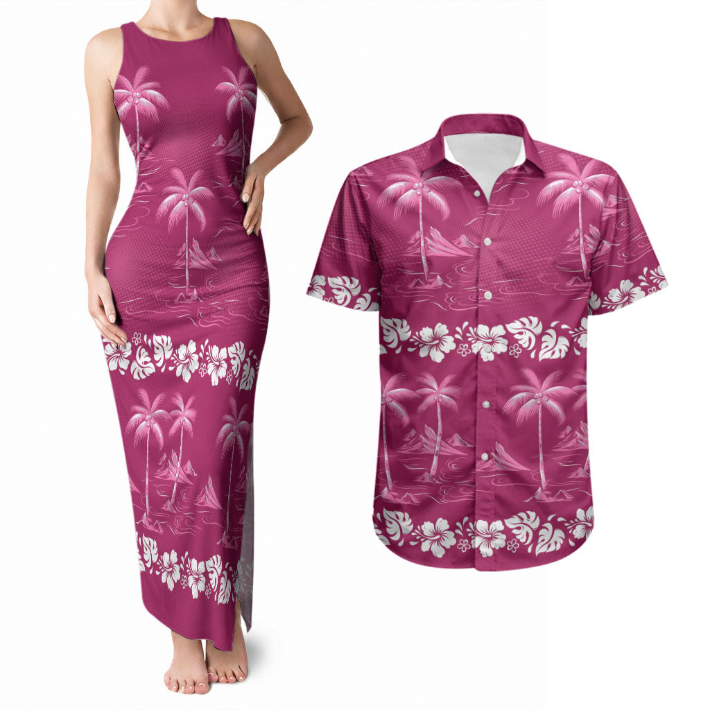 Pink Hawaii Palm Tree Hibiscus Couples Matching Tank Maxi Dress and Hawaiian Shirt Fantasy Summer Vibe LT01 Pink - Polynesian Pride