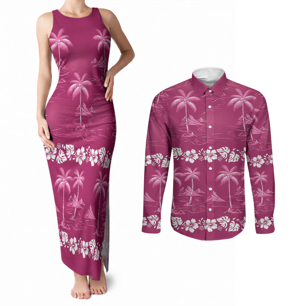 Pink Hawaii Palm Tree Hibiscus Couples Matching Tank Maxi Dress and Long Sleeve Button Shirt Fantasy Summer Vibe