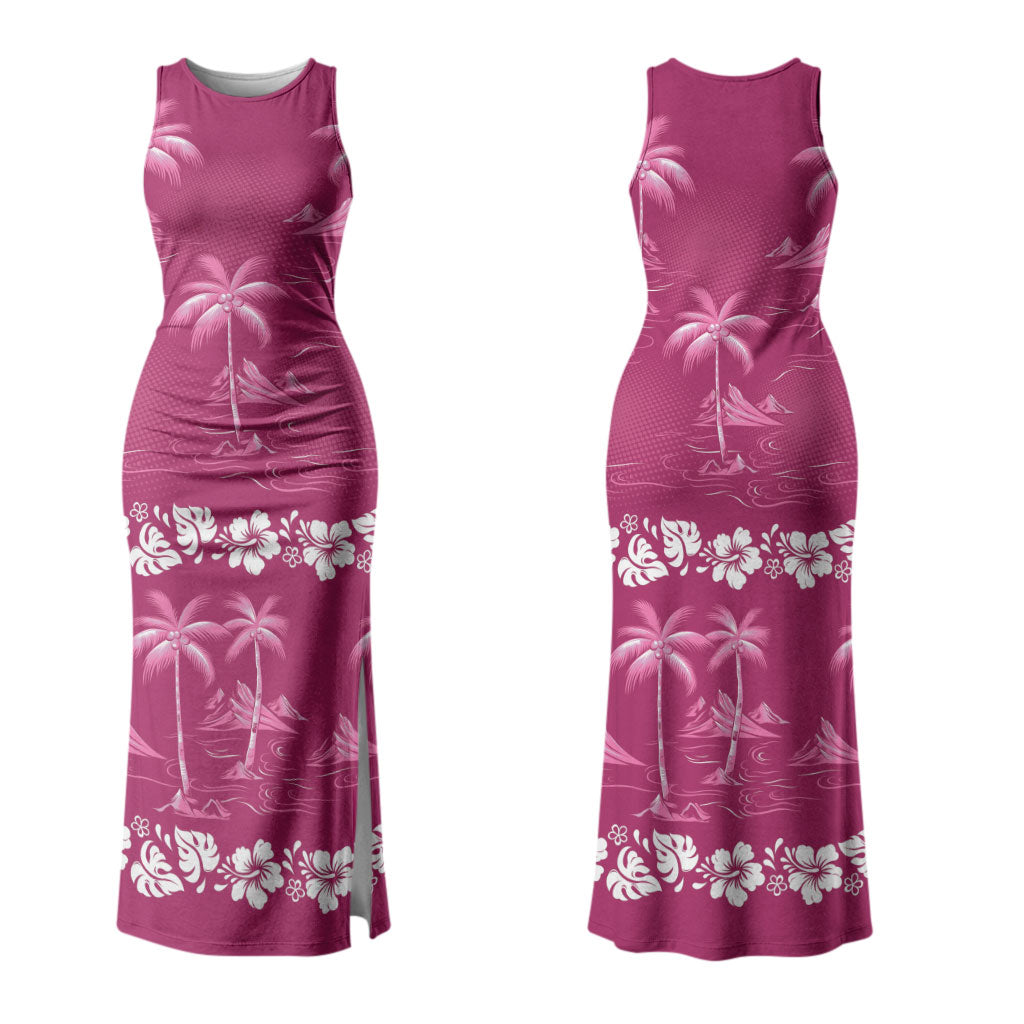 Pink Hawaii Palm Tree Hibiscus Couples Matching Tank Maxi Dress and Long Sleeve Button Shirt Fantasy Summer Vibe