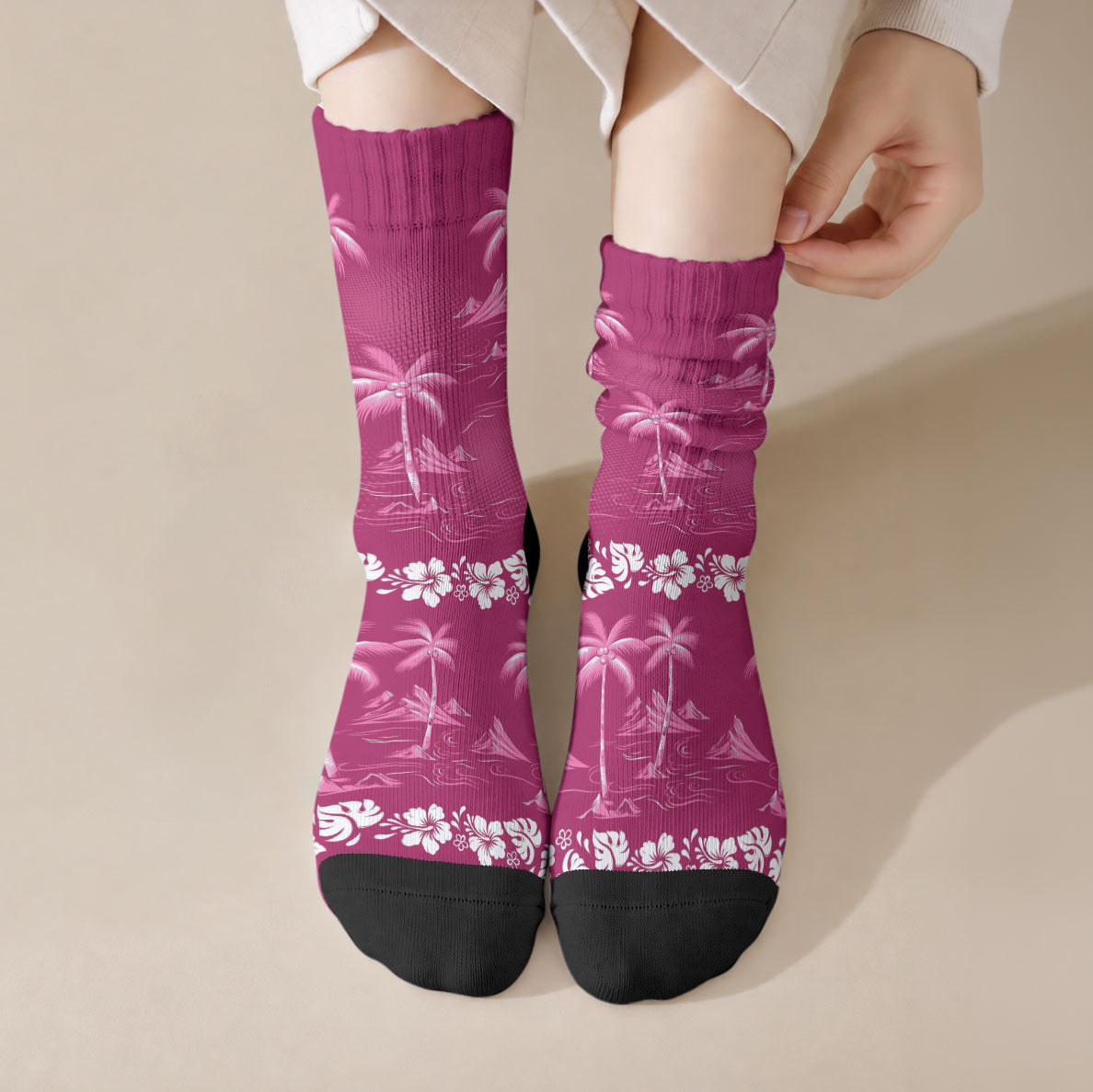 Pink Hawaii Palm Tree Hibiscus Crew Socks Fantasy Summer Vibe LT01 Crew Socks Pink - Polynesian Pride