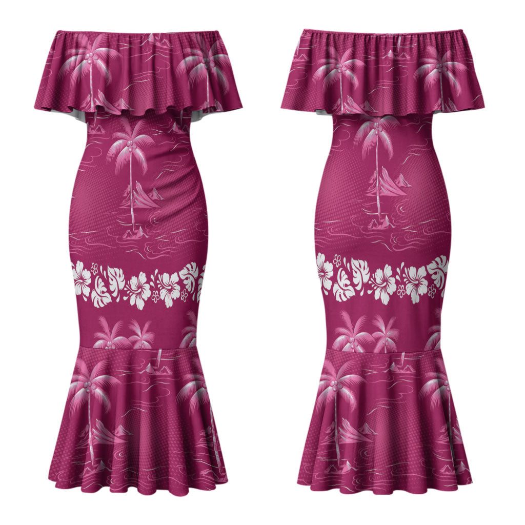Pink Hawaii Palm Tree Hibiscus Family Matching Mermaid Dress and Hawaiian Shirt Fantasy Summer Vibe LT01 Mom's Dress Pink - Polynesian Pride