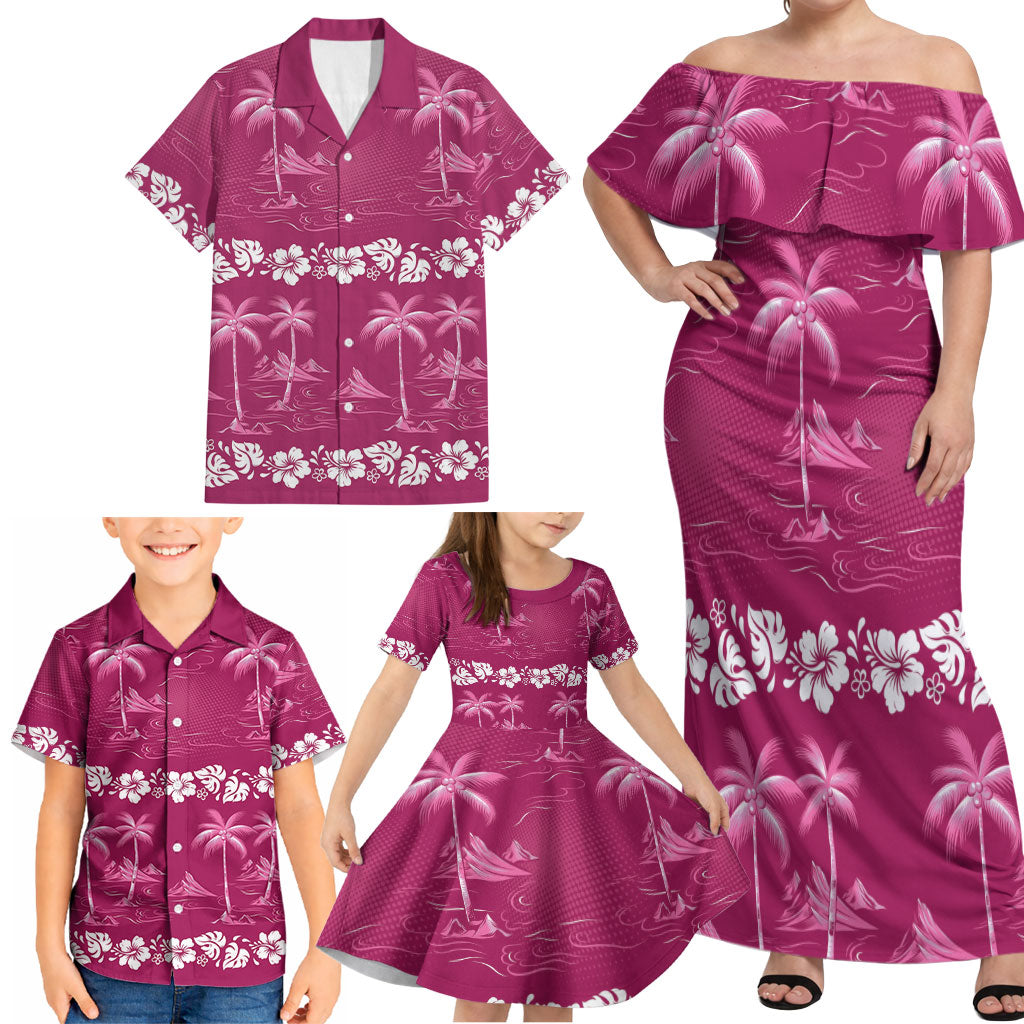 Pink Hawaii Palm Tree Hibiscus Family Matching Off Shoulder Maxi Dress and Hawaiian Shirt Fantasy Summer Vibe LT01 - Polynesian Pride