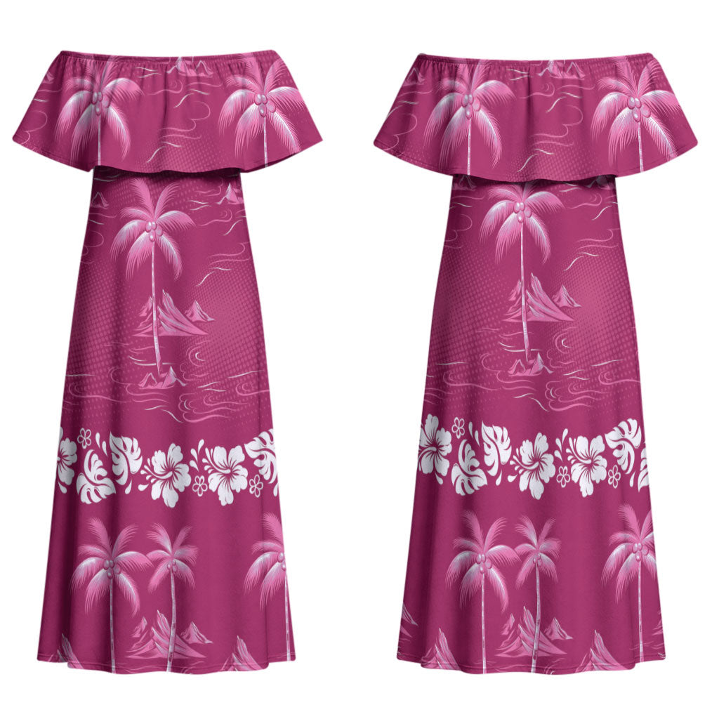 Pink Hawaii Palm Tree Hibiscus Family Matching Off Shoulder Maxi Dress and Hawaiian Shirt Fantasy Summer Vibe LT01 Mom's Dress Pink - Polynesian Pride