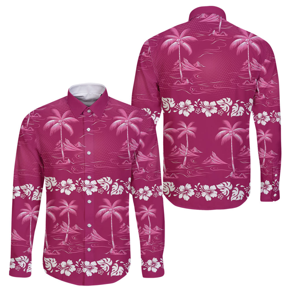 Pink Hawaii Palm Tree Hibiscus Family Matching Summer Maxi Dress and Hawaiian Shirt Fantasy Summer Vibe LT01 Dad's Shirt - Long Sleeve Pink - Polynesian Pride