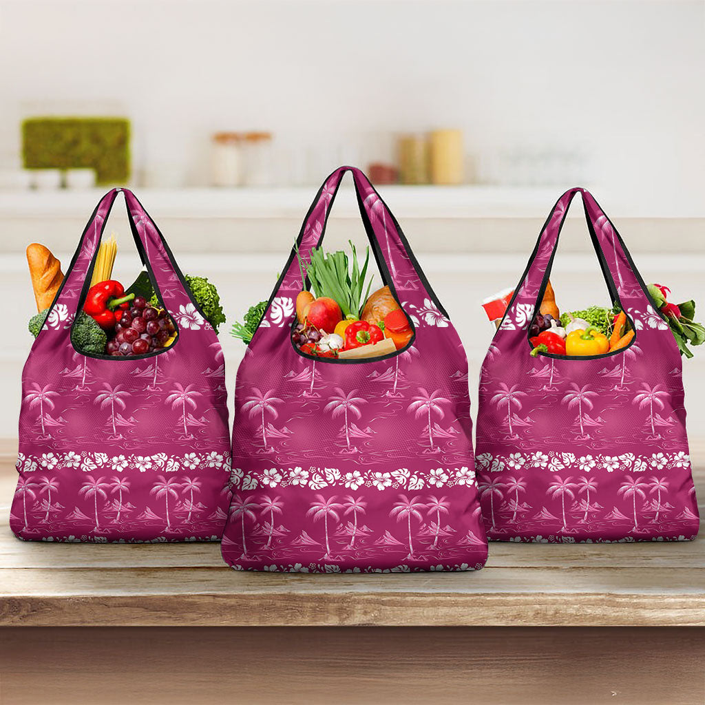 Pink Hawaii Palm Tree Hibiscus Grocery Bag Fantasy Summer Vibe LT01 3-pack One Size Pink - Polynesian Pride