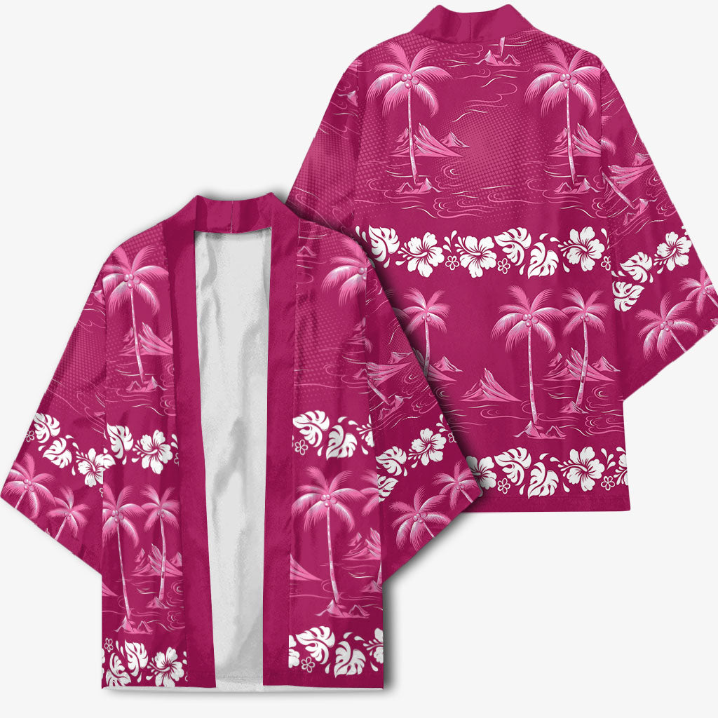 Pink Hawaii Palm Tree Hibiscus Kimono Fantasy Summer Vibe