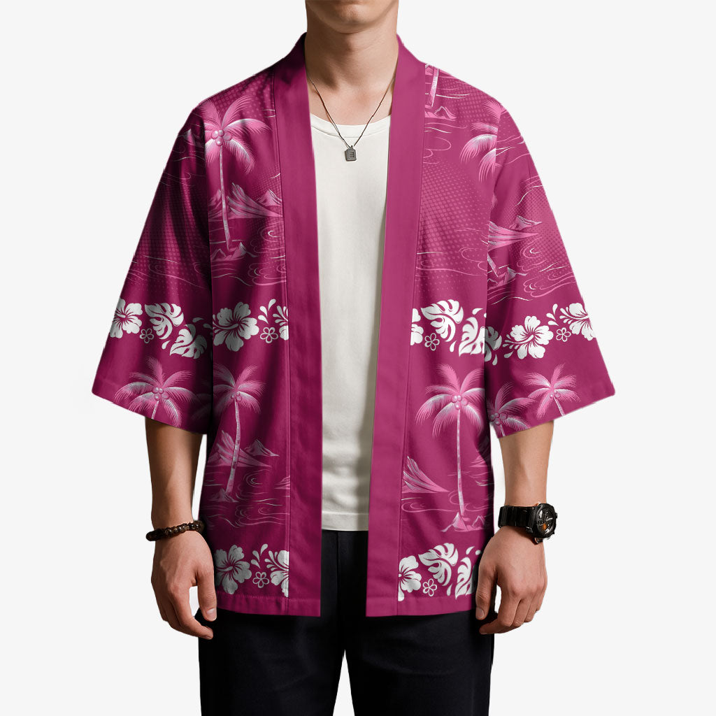 Pink Hawaii Palm Tree Hibiscus Kimono Fantasy Summer Vibe