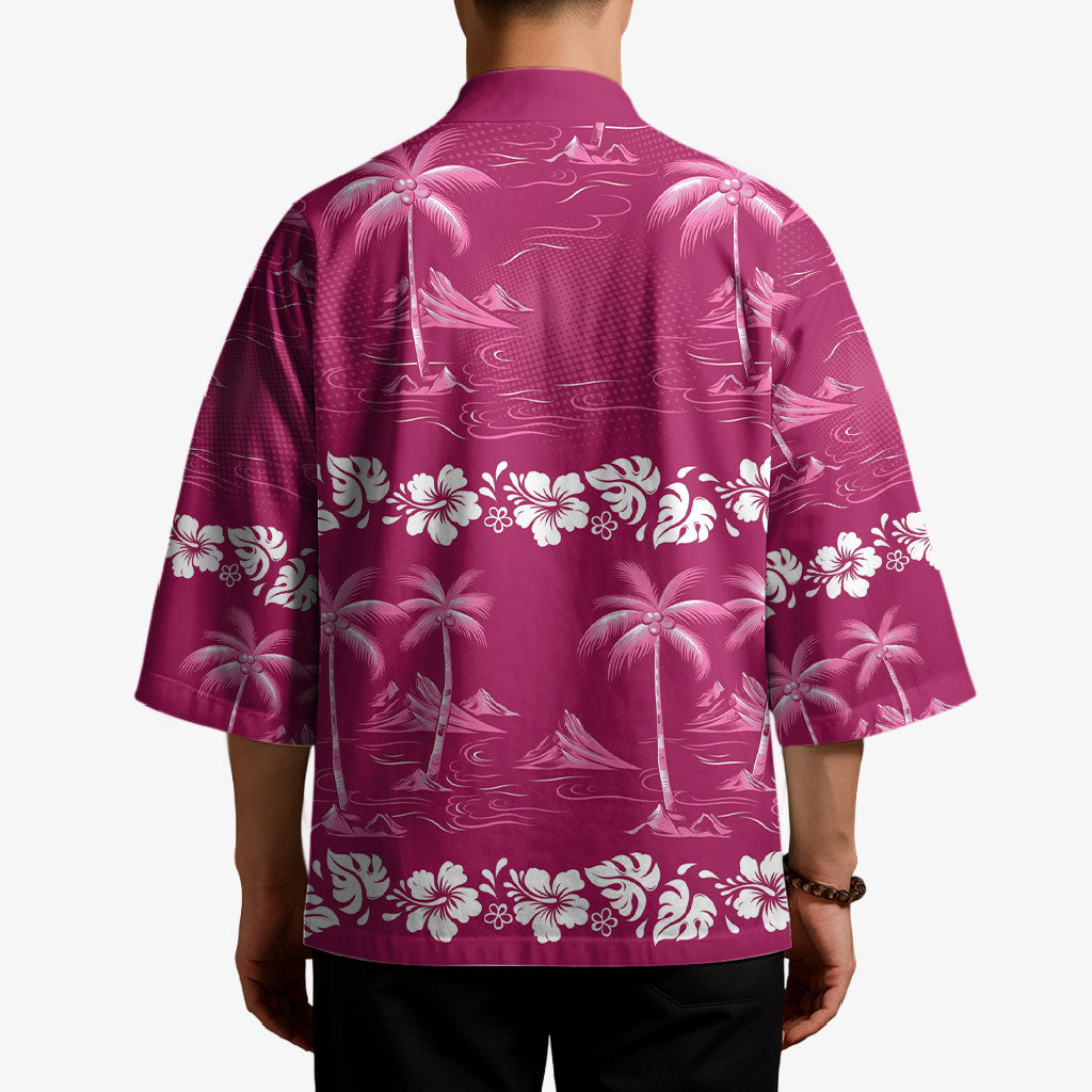 Pink Hawaii Palm Tree Hibiscus Kimono Fantasy Summer Vibe