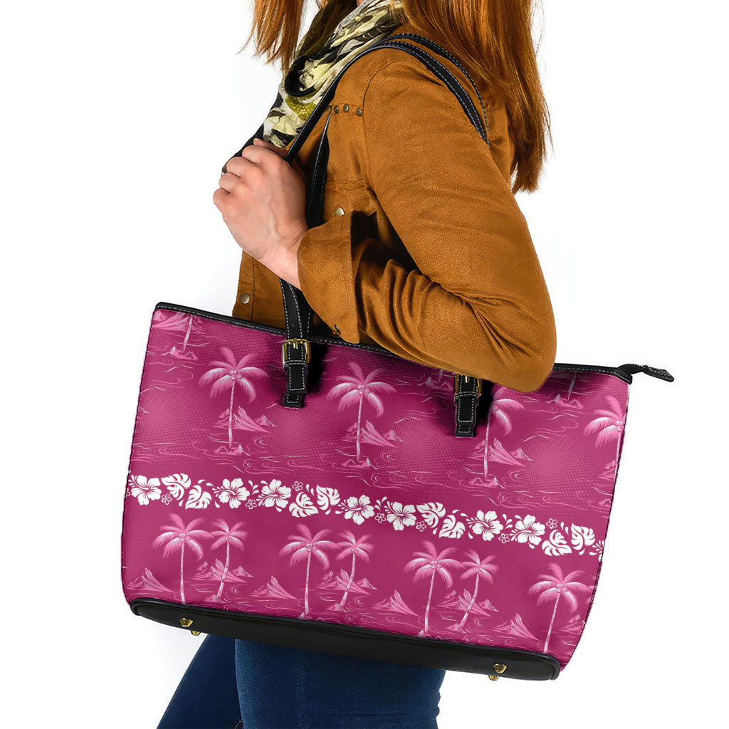 Pink Hawaii Palm Tree Hibiscus Leather Tote Bag Fantasy Summer Vibe LT01 Pink - Polynesian Pride