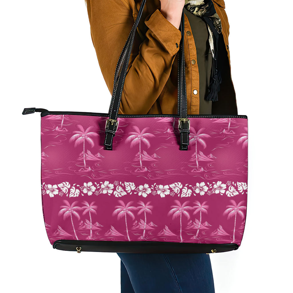 Pink Hawaii Palm Tree Hibiscus Leather Tote Bag Fantasy Summer Vibe LT01 - Polynesian Pride
