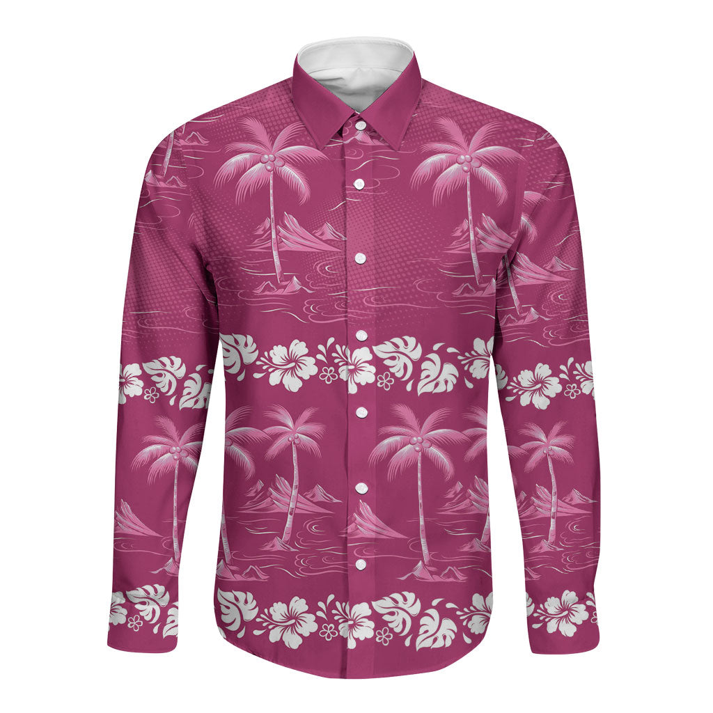 Pink Hawaii Palm Tree Hibiscus Long Sleeve Button Shirt Fantasy Summer Vibe