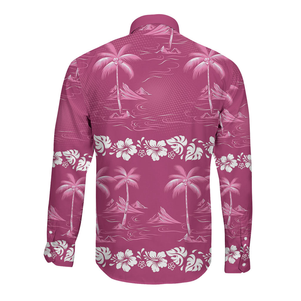 Pink Hawaii Palm Tree Hibiscus Long Sleeve Button Shirt Fantasy Summer Vibe