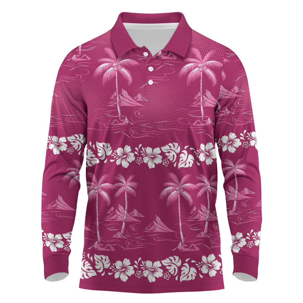 Pink Hawaii Palm Tree Hibiscus Long Sleeve Polo Shirt Fantasy Summer Vibe LT01 Pink - Polynesian Pride