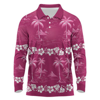Pink Hawaii Palm Tree Hibiscus Long Sleeve Polo Shirt Fantasy Summer Vibe LT01 Pink - Polynesian Pride