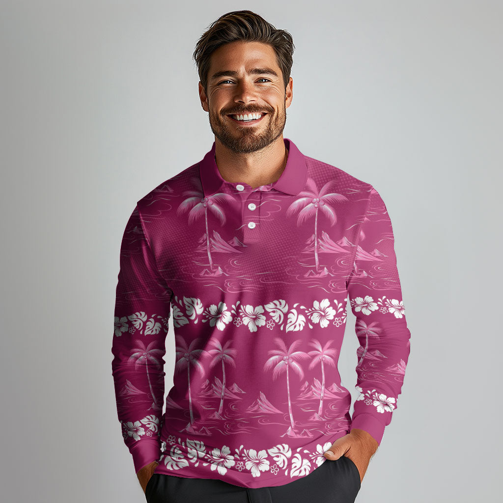 Pink Hawaii Palm Tree Hibiscus Long Sleeve Polo Shirt Fantasy Summer Vibe LT01 - Polynesian Pride