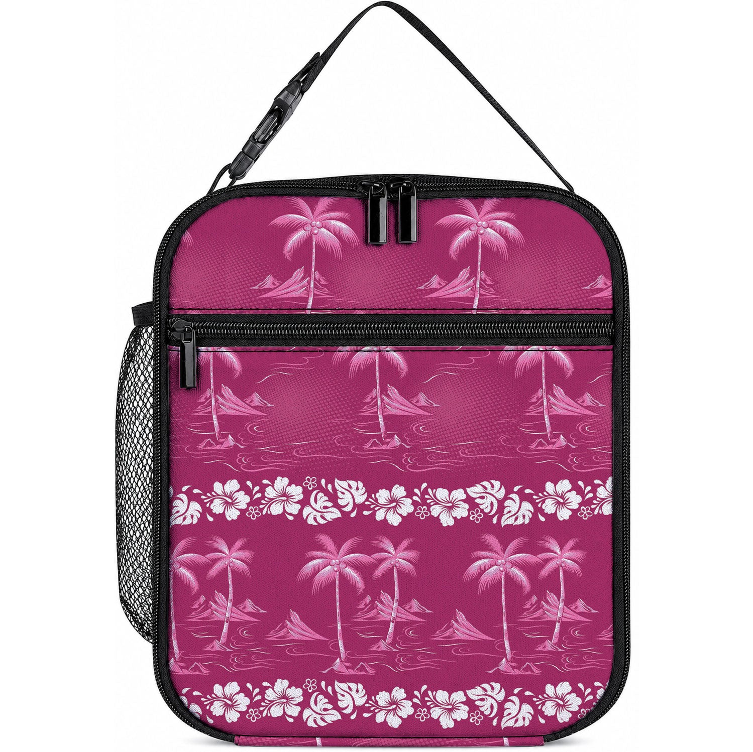 Pink Hawaii Palm Tree Hibiscus Lunch Bag Fantasy Summer Vibe LT01 10.2 × 8.3 × 4.3 inch Pink - Polynesian Pride