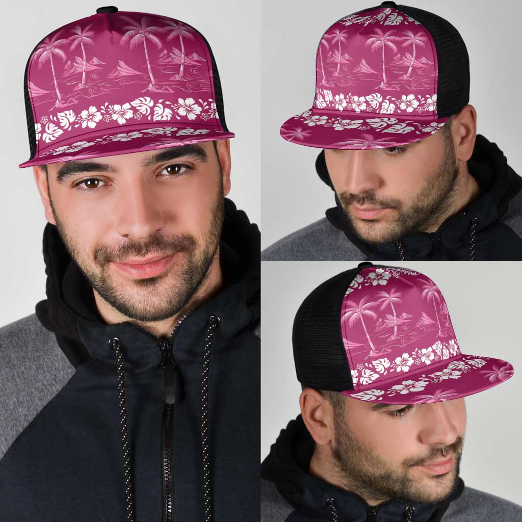 Pink Hawaii Palm Tree Hibiscus Mesh Trucker Cap Fantasy Summer Vibe LT01 - Polynesian Pride