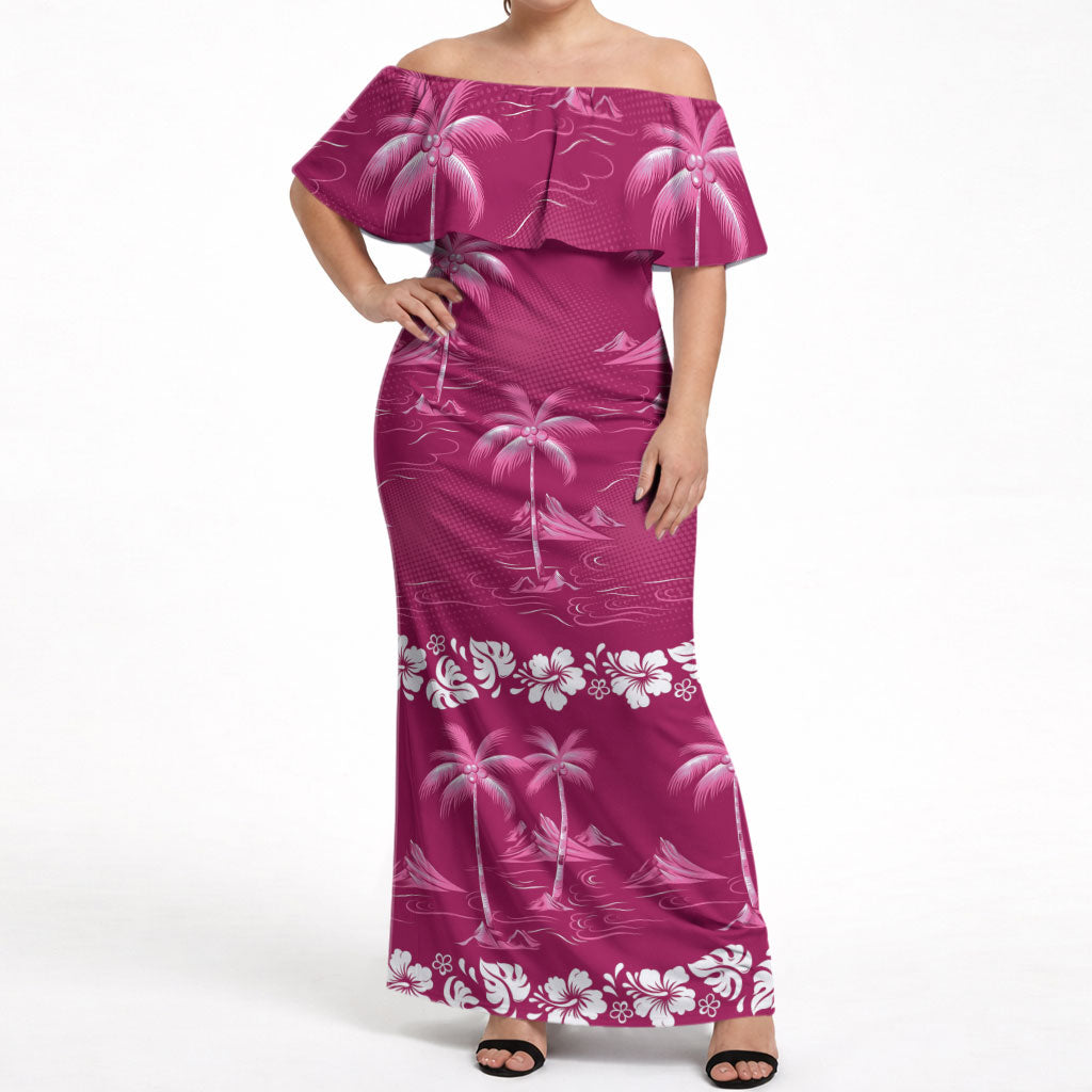 Pink Hawaii Palm Tree Hibiscus Off Shoulder Maxi Dress Fantasy Summer Vibe