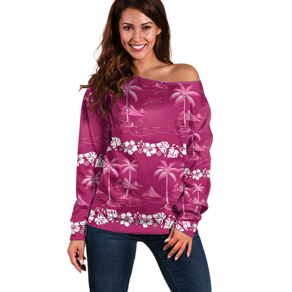 Pink Hawaii Palm Tree Hibiscus Off Shoulder Sweater Fantasy Summer Vibe LT01 Women Pink - Polynesian Pride