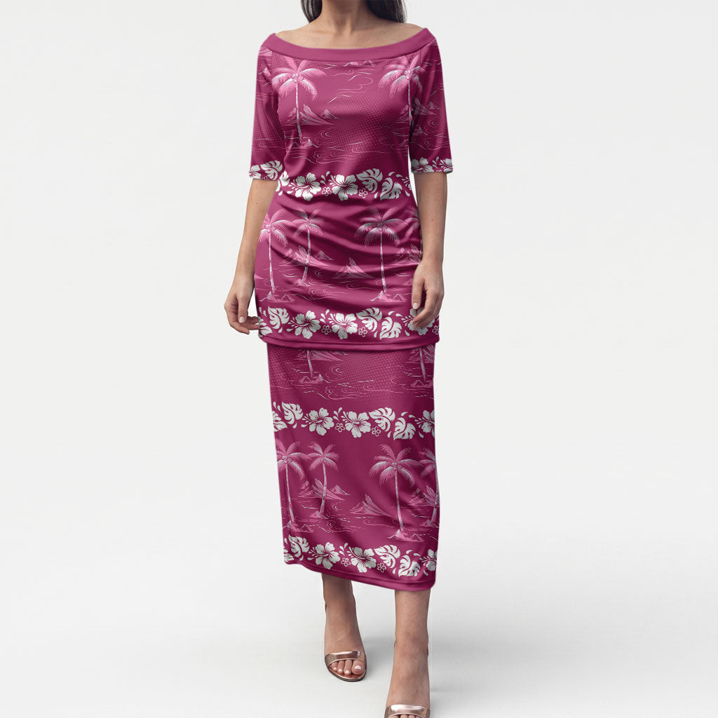 Pink Hawaii Palm Tree Hibiscus Puletasi Fantasy Summer Vibe LT01 Long Dress Pink - Polynesian Pride