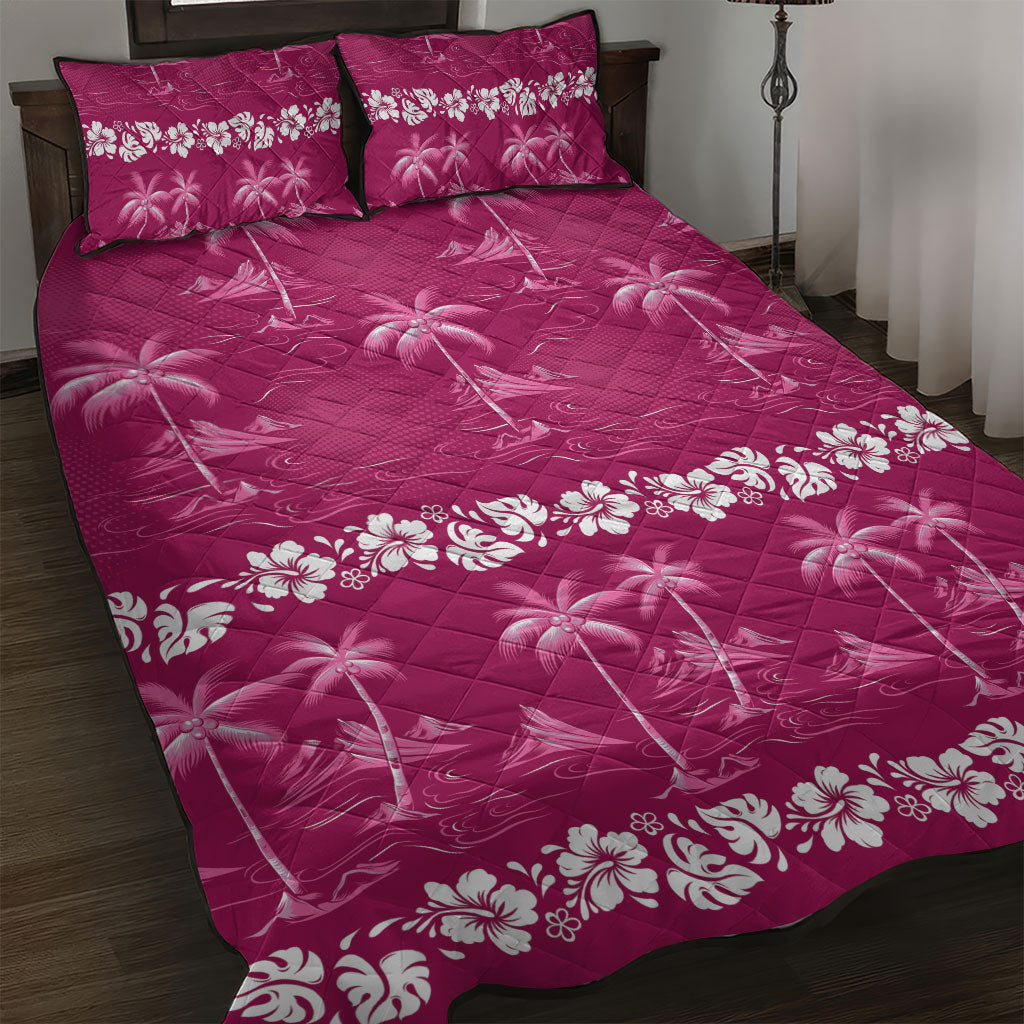Pink Hawaii Palm Tree Hibiscus Quilt Bed Set Fantasy Summer Vibe