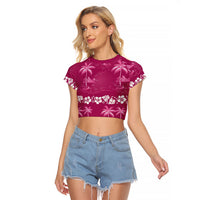 Pink Hawaii Palm Tree Hibiscus Raglan Cropped T Shirt Fantasy Summer Vibe LT01 Female Pink - Polynesian Pride