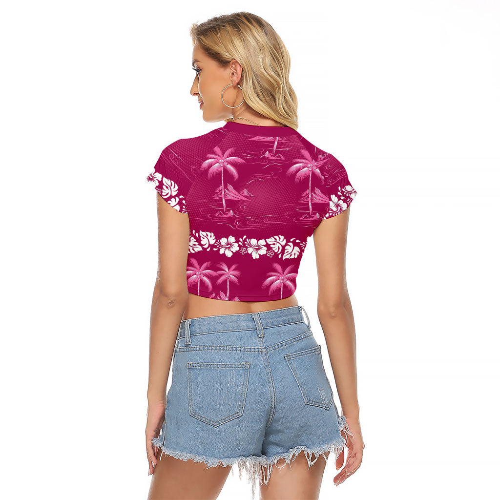 Pink Hawaii Palm Tree Hibiscus Raglan Cropped T Shirt Fantasy Summer Vibe LT01 - Polynesian Pride
