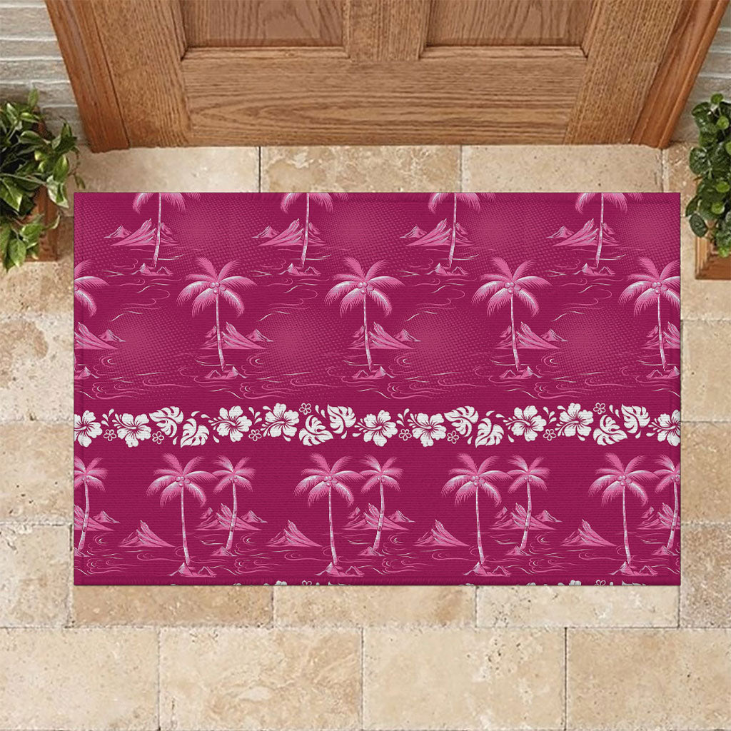 Pink Hawaii Palm Tree Hibiscus Rubber Doormat Fantasy Summer Vibe