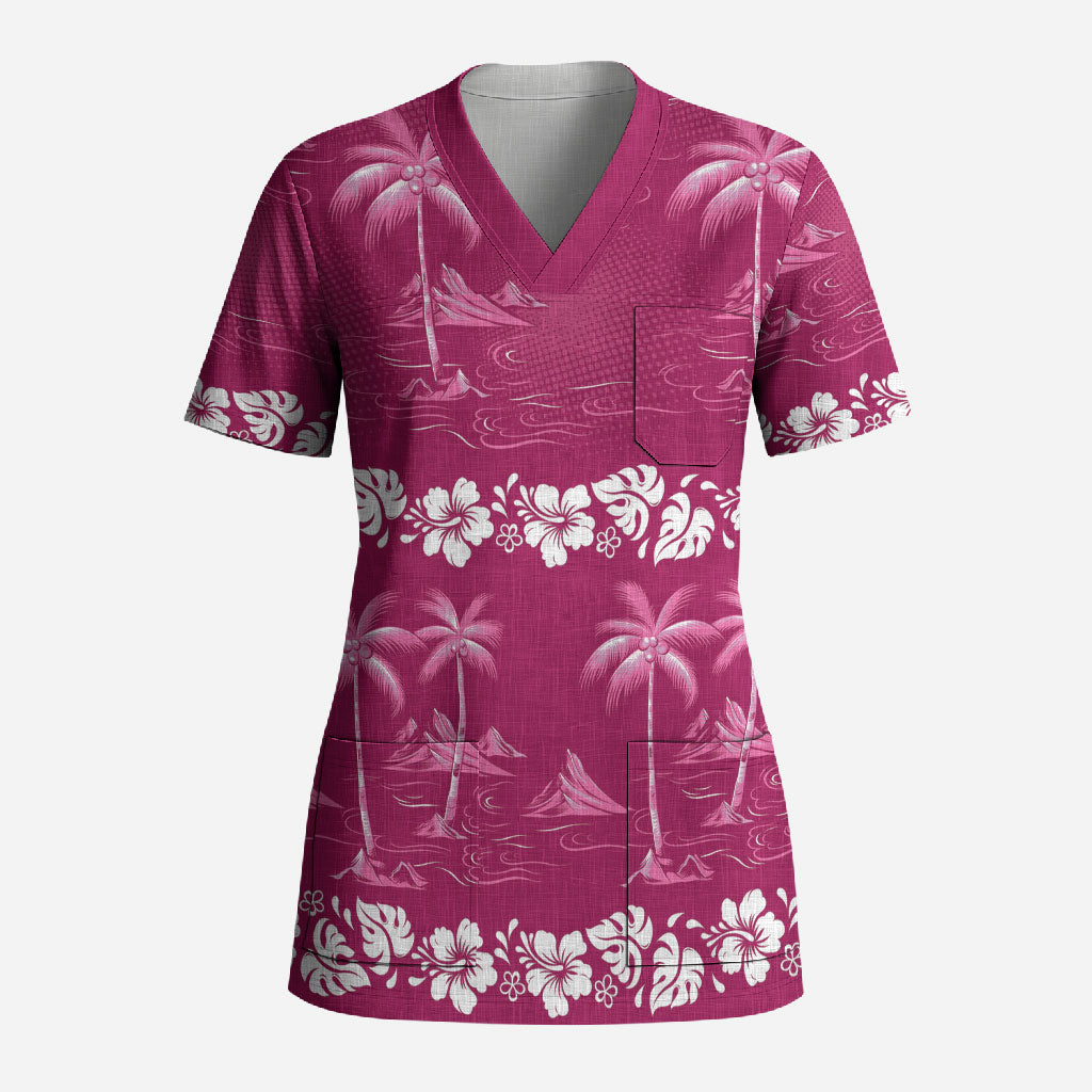 Pink Hawaii Palm Tree Hibiscus Scrub Top Fantasy Summer Vibe LT01 Adult Pink - Polynesian Pride