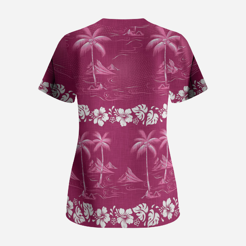 Pink Hawaii Palm Tree Hibiscus Scrub Top Fantasy Summer Vibe LT01 - Polynesian Pride
