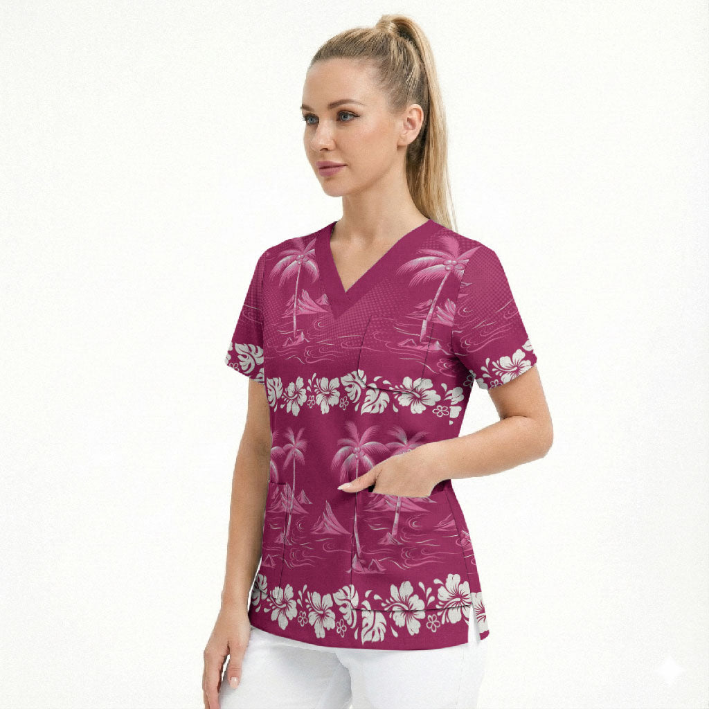 Pink Hawaii Palm Tree Hibiscus Scrub Top Fantasy Summer Vibe LT01 - Polynesian Pride