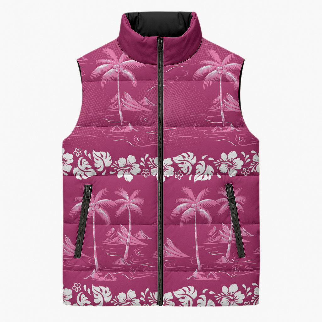Pink Hawaii Palm Tree Hibiscus Sleeveless Puffer Jacket Fantasy Summer Vibe LT01 Unisex Pink - Polynesian Pride