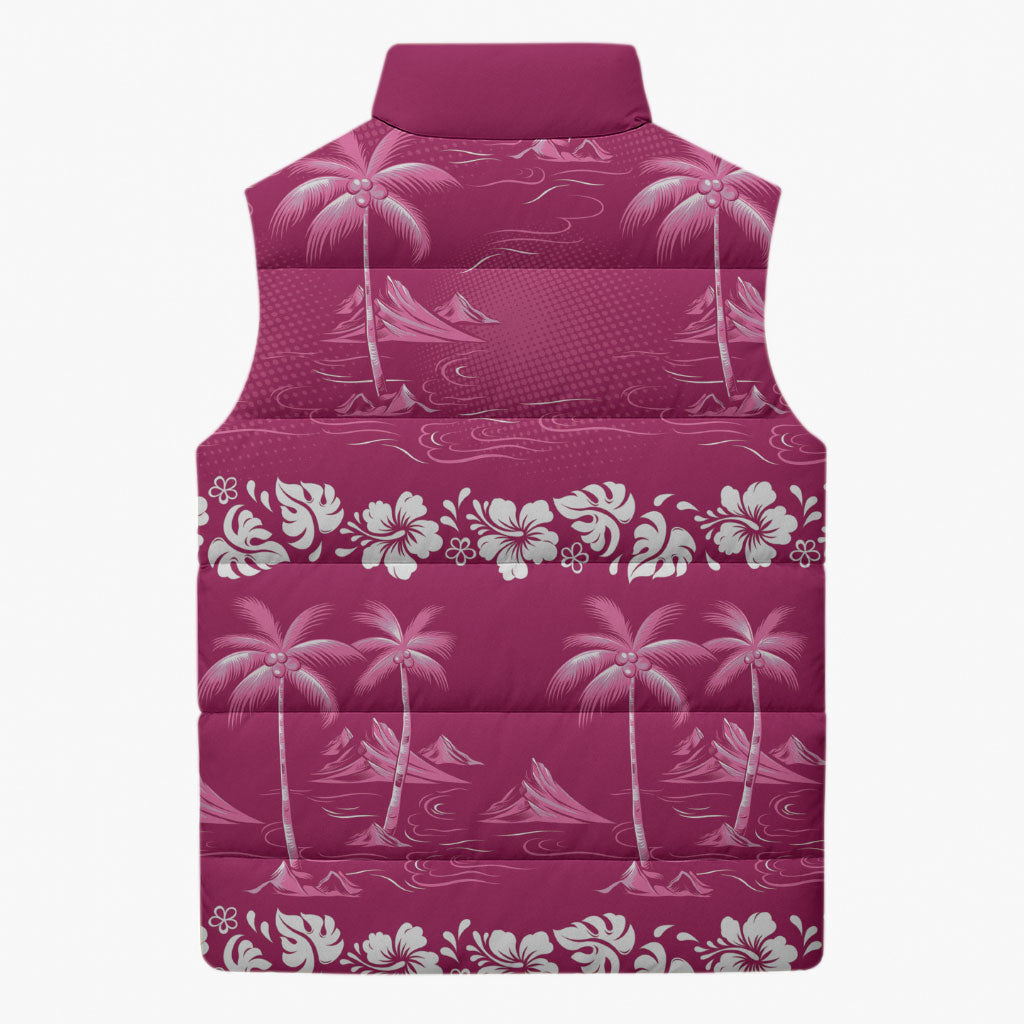 Pink Hawaii Palm Tree Hibiscus Sleeveless Puffer Jacket Fantasy Summer Vibe LT01 - Polynesian Pride