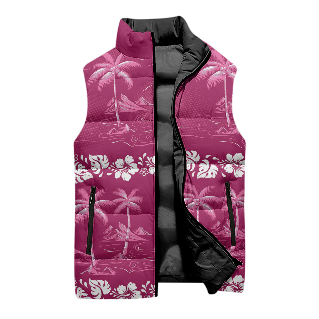 Pink Hawaii Palm Tree Hibiscus Sleeveless Puffer Jacket Fantasy Summer Vibe LT01 - Polynesian Pride