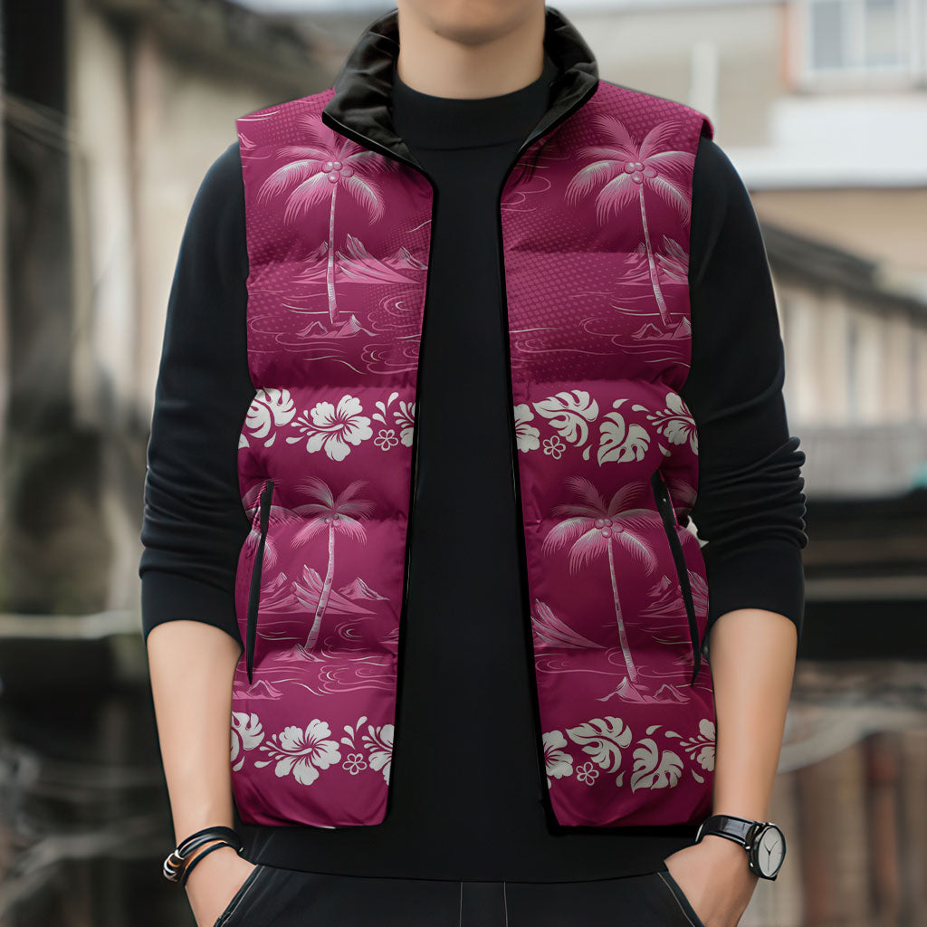 Pink Hawaii Palm Tree Hibiscus Sleeveless Puffer Jacket Fantasy Summer Vibe LT01 - Polynesian Pride