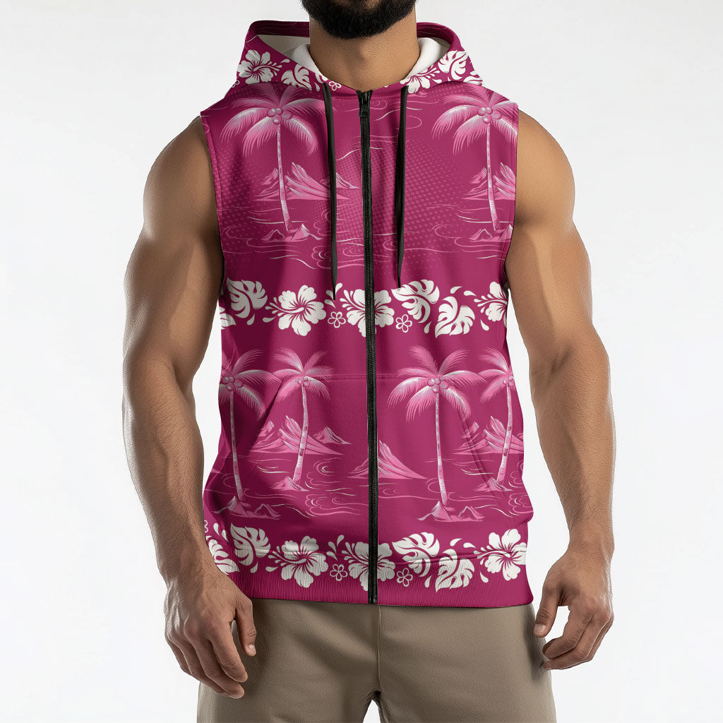 Pink Hawaii Palm Tree Hibiscus Sleeveless Zip Hoodie Fantasy Summer Vibe