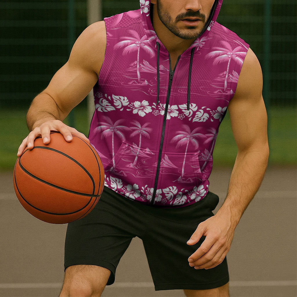 Pink Hawaii Palm Tree Hibiscus Sleeveless Zip Hoodie Fantasy Summer Vibe