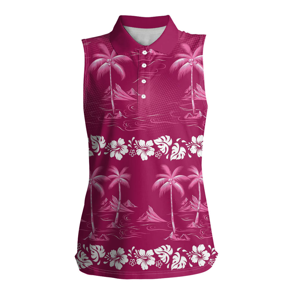 Pink Hawaii Palm Tree Hibiscus Women Sleeveless Polo Shirt Fantasy Summer Vibe