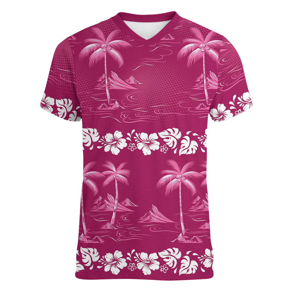 Pink Hawaii Palm Tree Hibiscus Women V-Neck T-Shirt Fantasy Summer Vibe