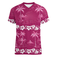 Pink Hawaii Palm Tree Hibiscus Women V-Neck T-Shirt Fantasy Summer Vibe LT01 Female Pink - Polynesian Pride
