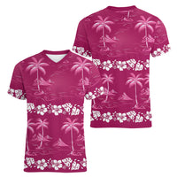 Pink Hawaii Palm Tree Hibiscus Women V-Neck T-Shirt Fantasy Summer Vibe LT01 - Polynesian Pride