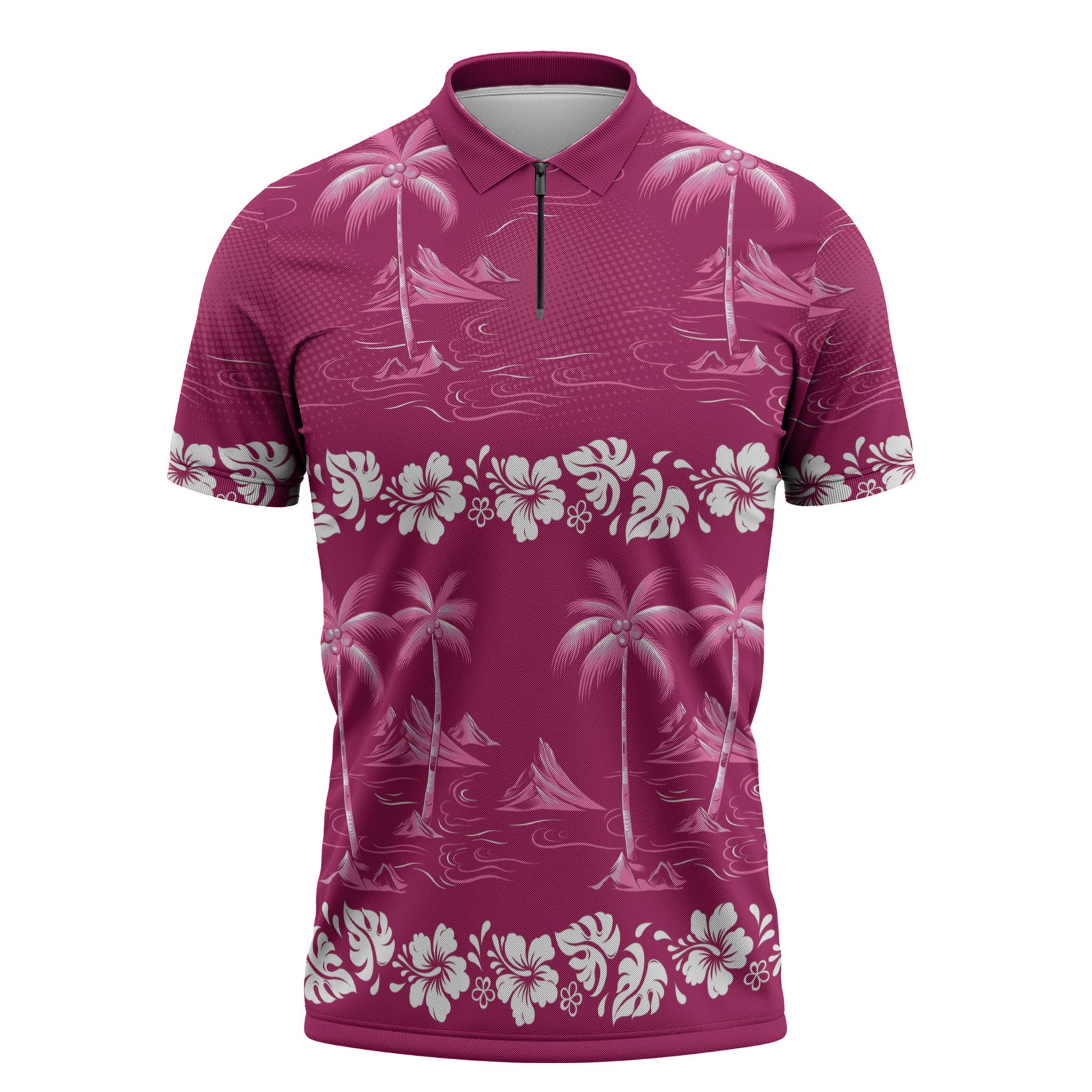 Pink Hawaii Palm Tree Hibiscus Zipper Polo Shirt Fantasy Summer Vibe