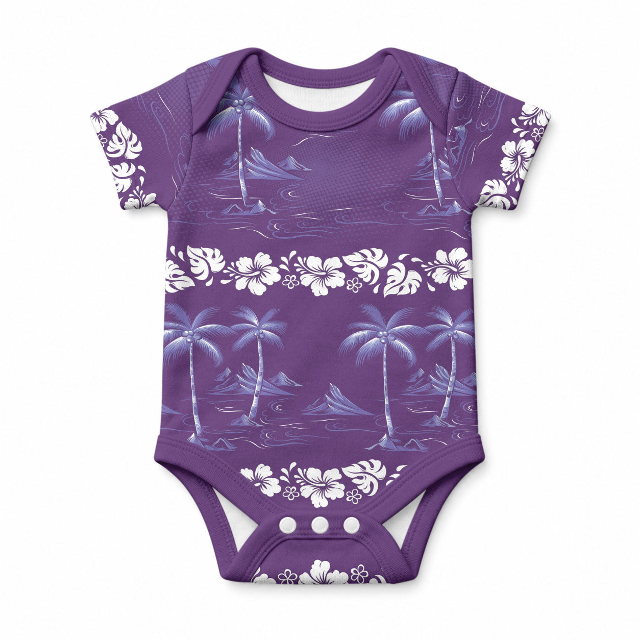 Purple Hawaii Palm Tree Hibiscus Baby Onesie Fantasy Summer Vibe LT01 Purple - Polynesian Pride