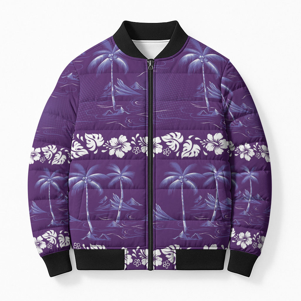 Purple Hawaii Palm Tree Hibiscus Bomber Puffer Jacket Fantasy Summer Vibe