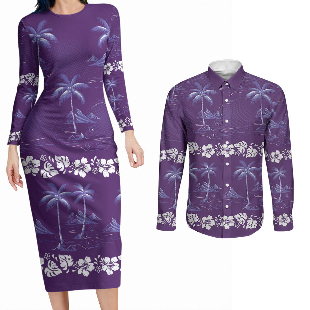 Purple Hawaii Palm Tree Hibiscus Couples Matching Long Sleeve Bodycon Dress and Long Sleeve Button Shirt Fantasy Summer Vibe LT01 Purple - Polynesian Pride